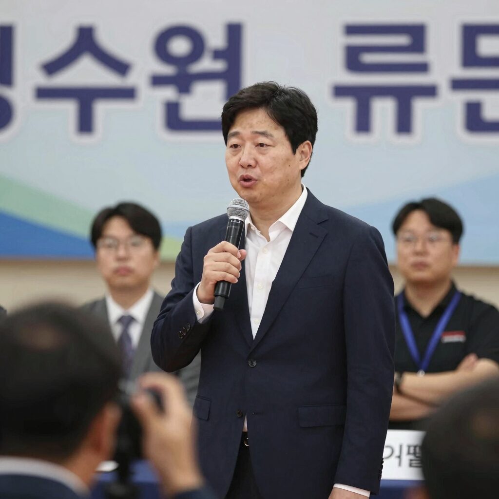 안민석 경기도교육감 후보가 수원 유세에서 시민들에게 지지를 호소하고 있다