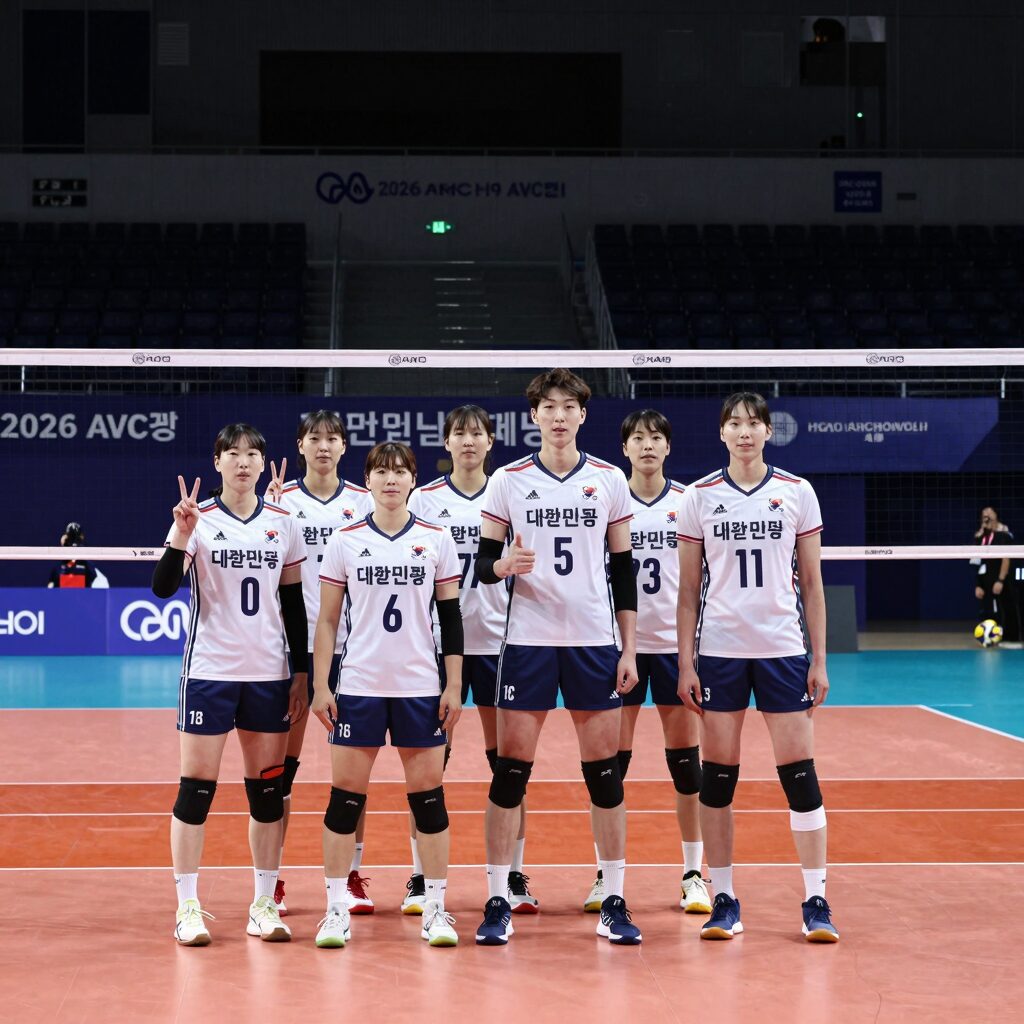2026 AVC컵 대한민국 남자배구 대표팀이 경기장에서 포즈를 취하고 있는 단체 사진
