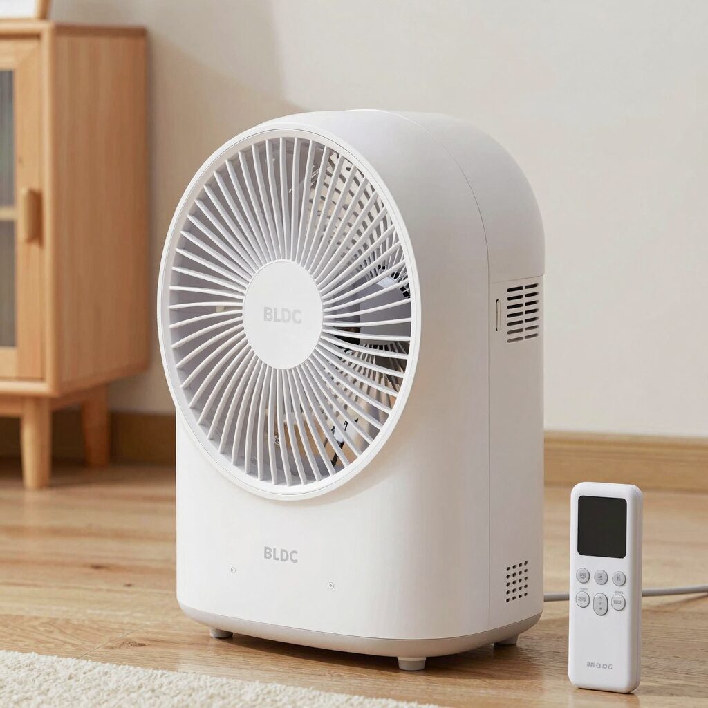한일 아기바람 BLDC 선풍기 본체와 리모컨, 무드등이 켜진 모습