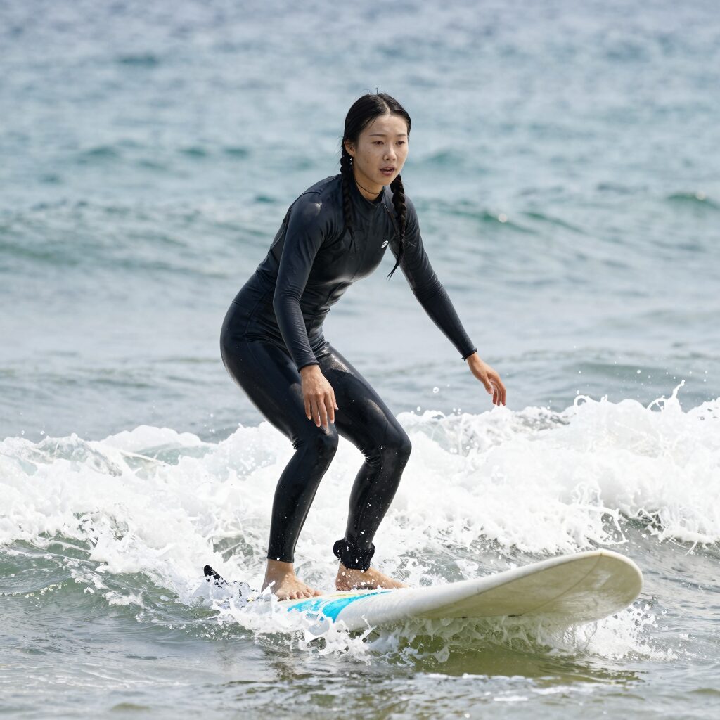 여성이 배럴 래쉬가드를 입고 서핑보드 위에 서 있는 활동적인 모습