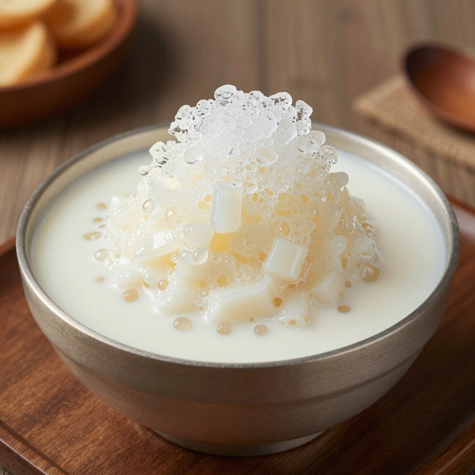 경산 빙수당의 대표 메뉴 할매 밀크팥 우유빙수가 드라이아이스와 함께 나오는 모습