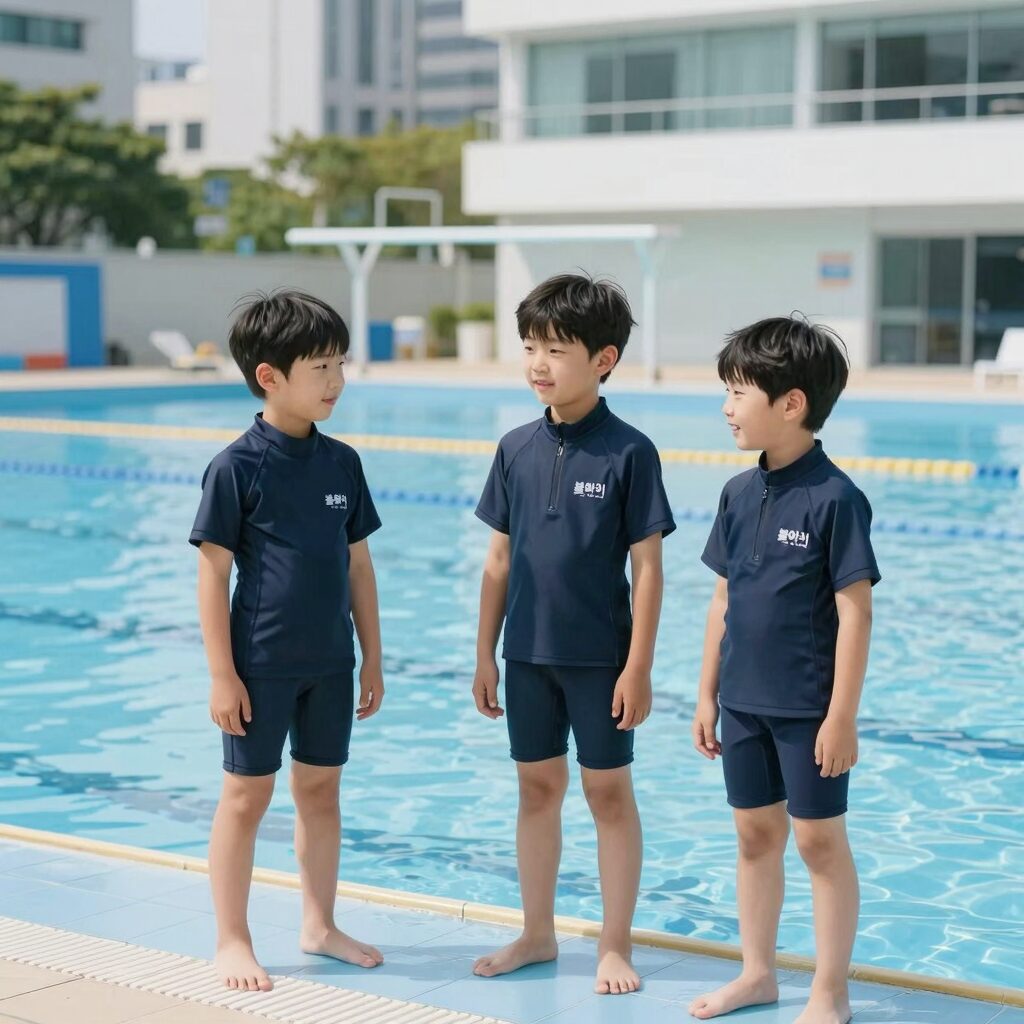 블랙야크 키즈 래쉬가드 세트를 입고 수영장에서 즐거워하는 아이
