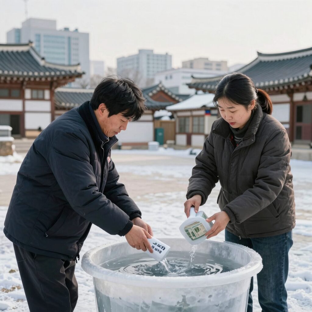 보국 냉풍기 수조에 물을 채우고 얼음팩을 넣는 모습