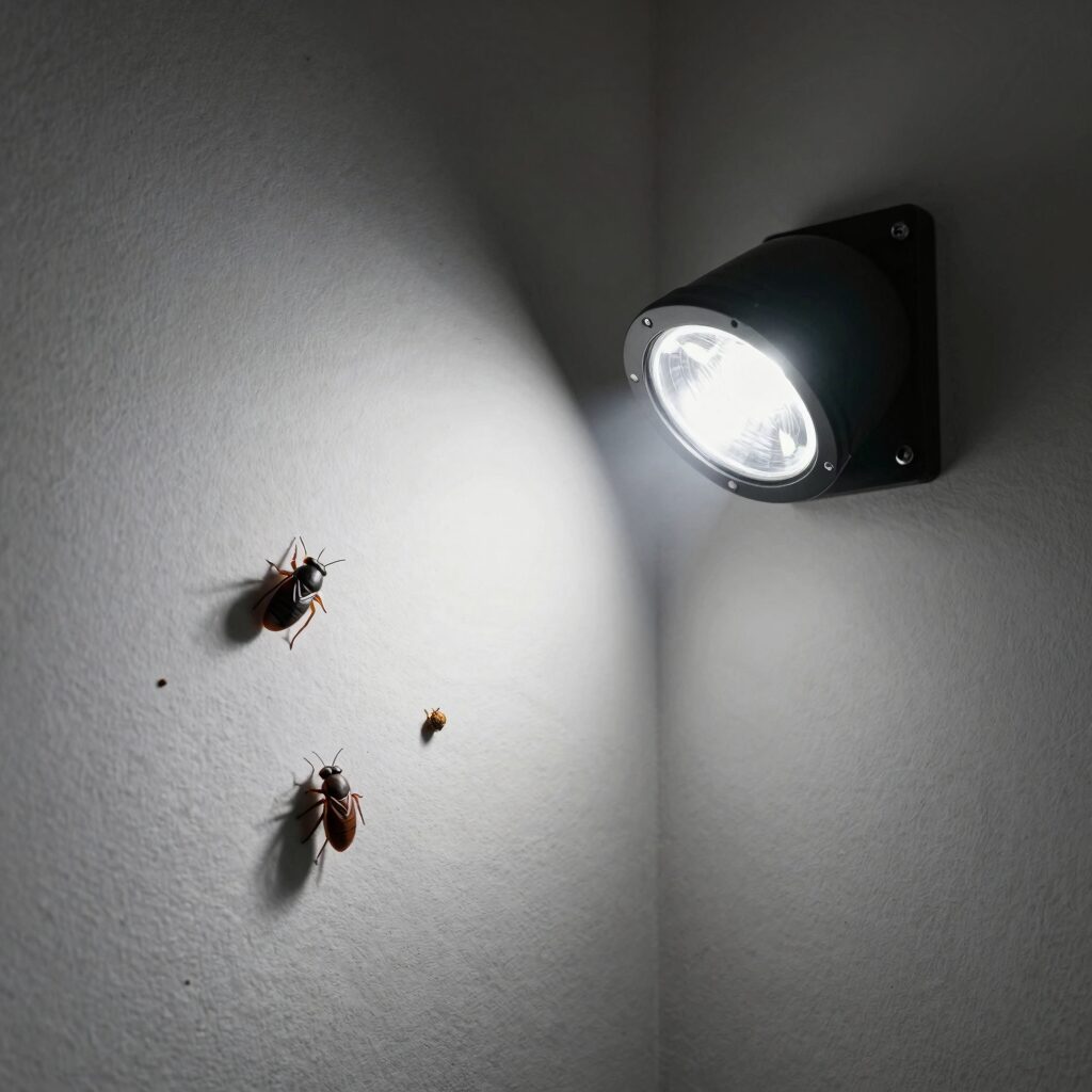 LED 버그 킬러 포충기가 실내 벽에 설치된 모습, 자외선 램프가 은은하게 빛나며 주변 해충을 유인하고 있다.