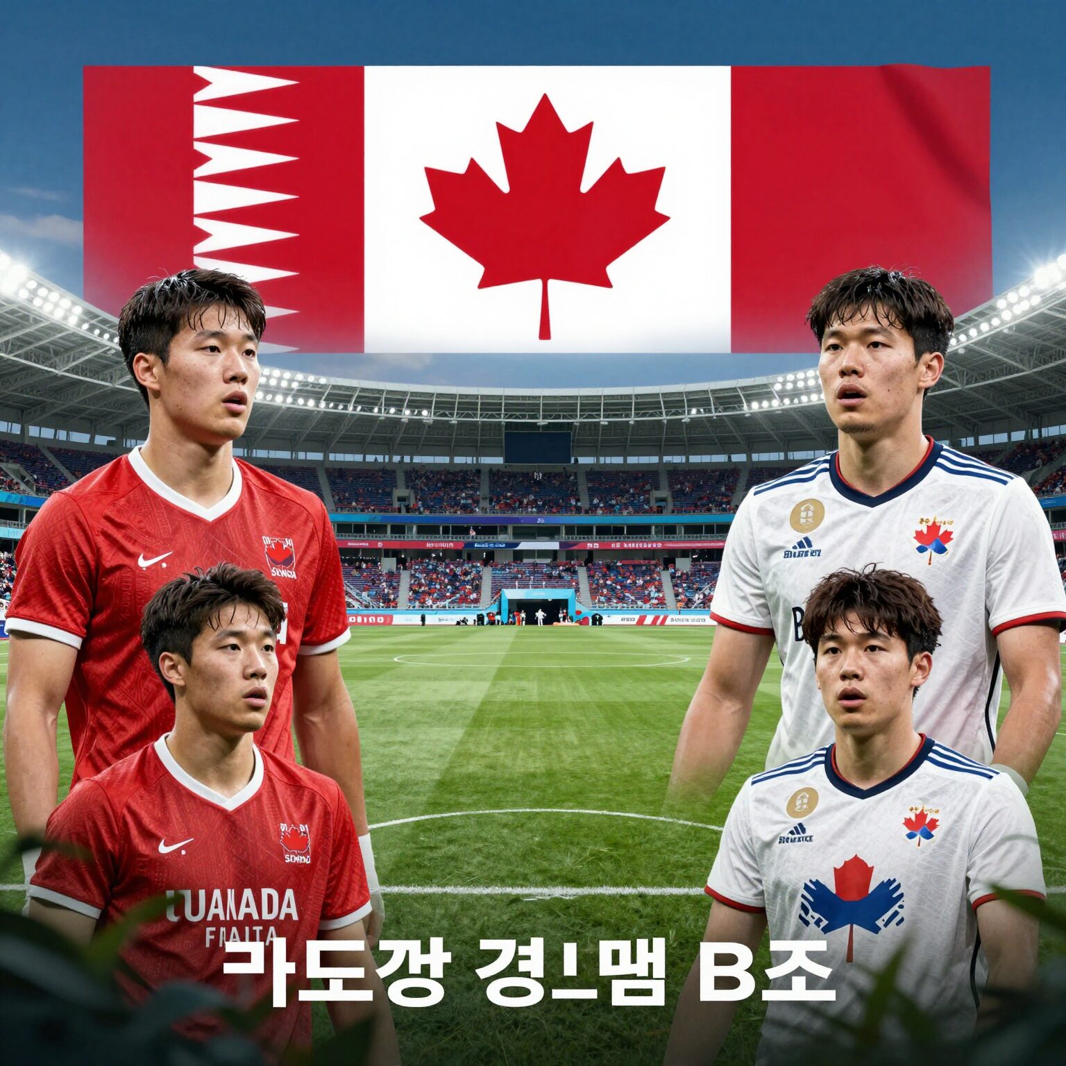 캐나다와 카타르 월드컵 B조 경기 포스터, 선수들 사진과 함께 경기 장소 BC 플레이스 배경