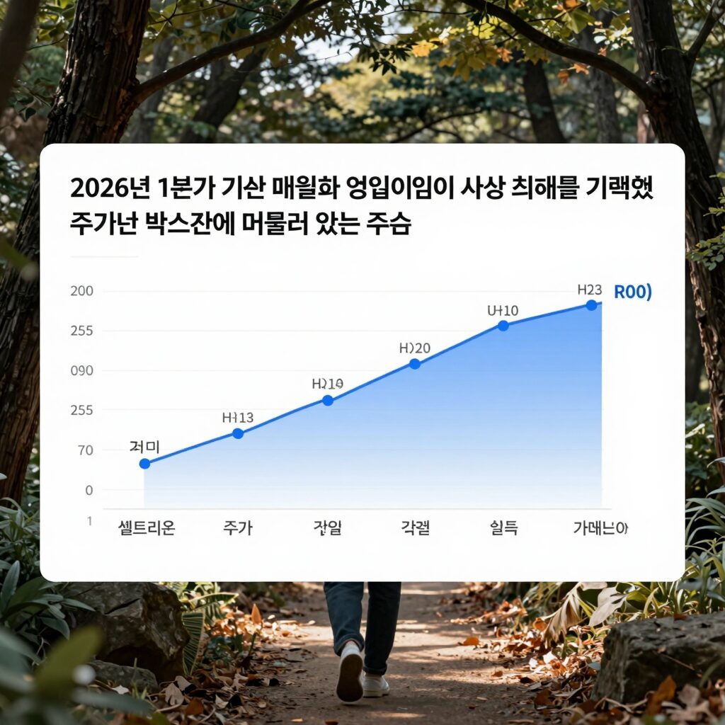 셀트리온 주가와 실적 추이 그래프, 2026년 1분기 기준 매출과 영업이익이 사상 최대를 기록했지만 주가는 박스권에 머물러 있는 모습