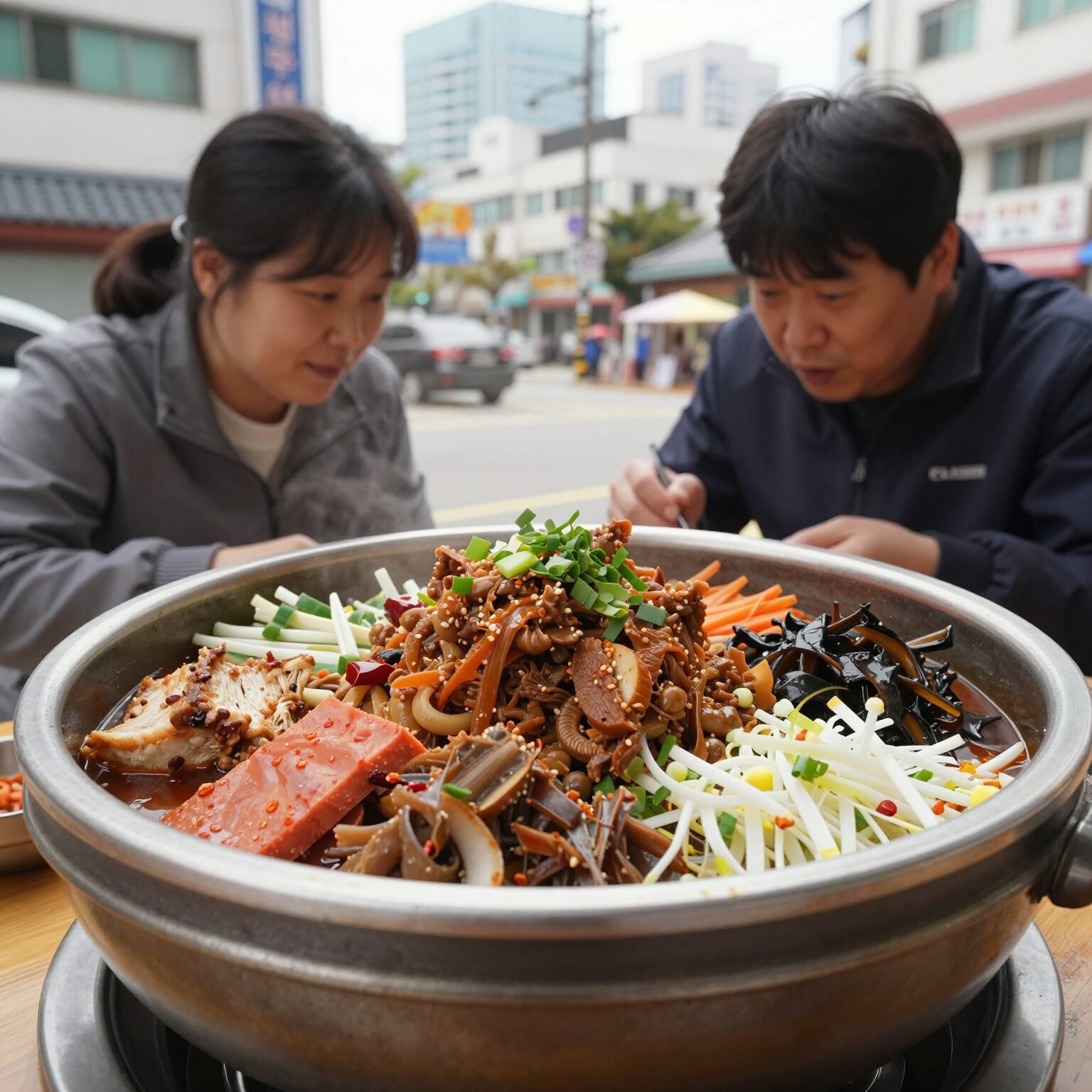 시원한 냉우동 그릇에 각종 고명을 올린 모습