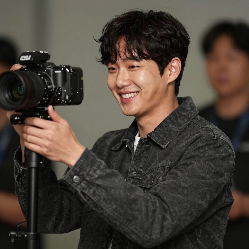 배우 최철호가 복귀 후 촬영장에서 카메라를 바라보며 미소 짓고 있는 모습. 10년 만에 돌아온 그의 표정에는 여유와 자신감이 묻어난다.