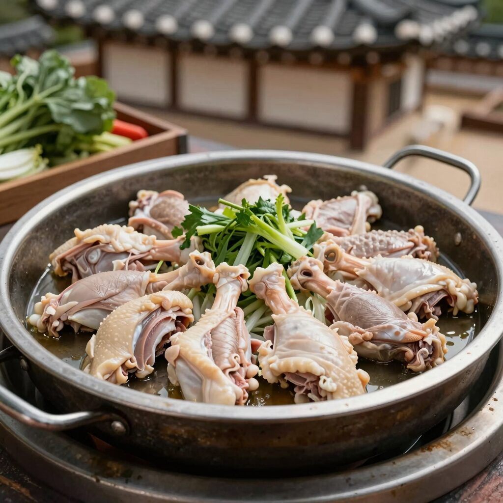춘천 통나무집 닭갈비 철판에 익는 닭다리살과 야채 모습