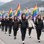 퀴어축제 뜻과 유래 2026년 완벽 정리 춘천 퀴어축제 행진 모습, 무지개 깃발을 든 참가자들이 약사천 강변을 따라 걷고 있음