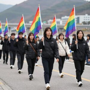 춘천 퀴어축제 행진 모습, 무지개 깃발을 든 참가자들이 약사천 강변을 따라 걷고 있음