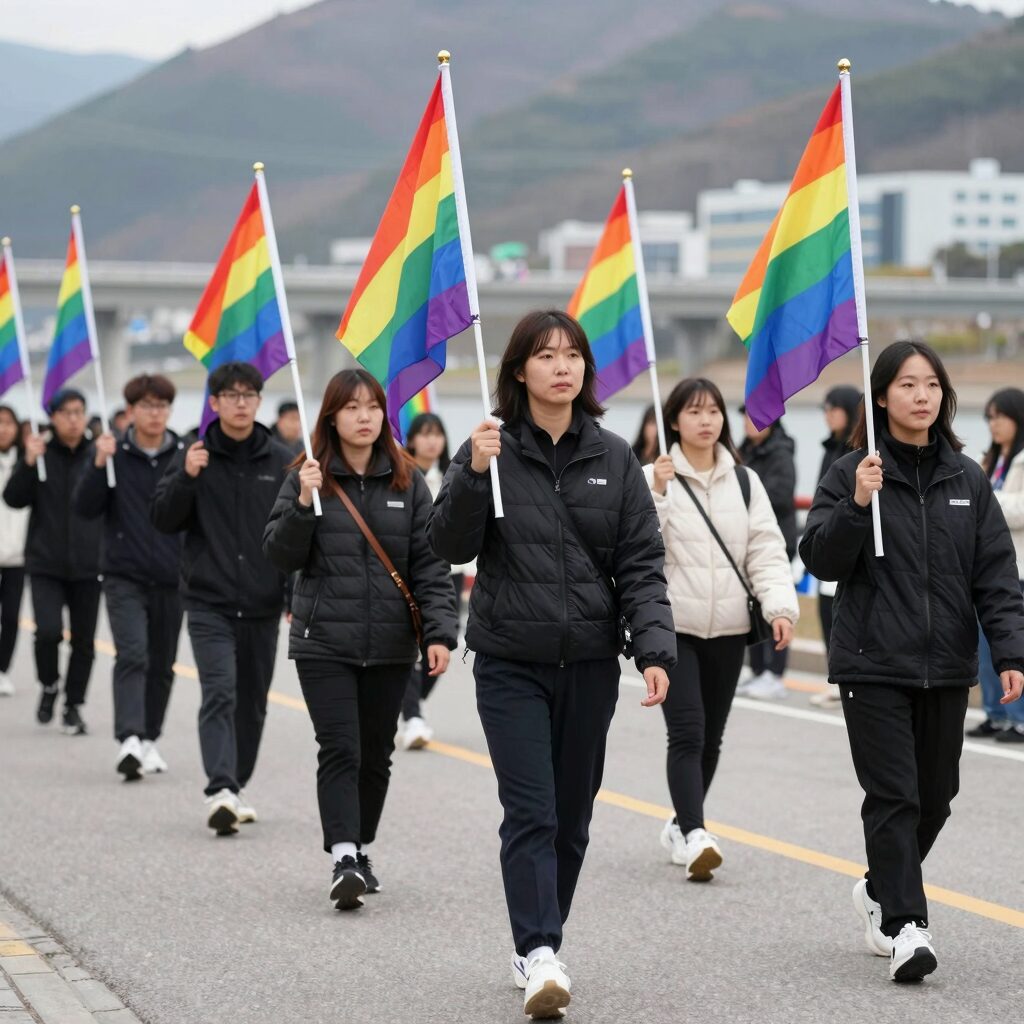 춘천 퀴어축제 행진 모습, 무지개 깃발을 든 참가자들이 약사천 강변을 따라 걷고 있음
