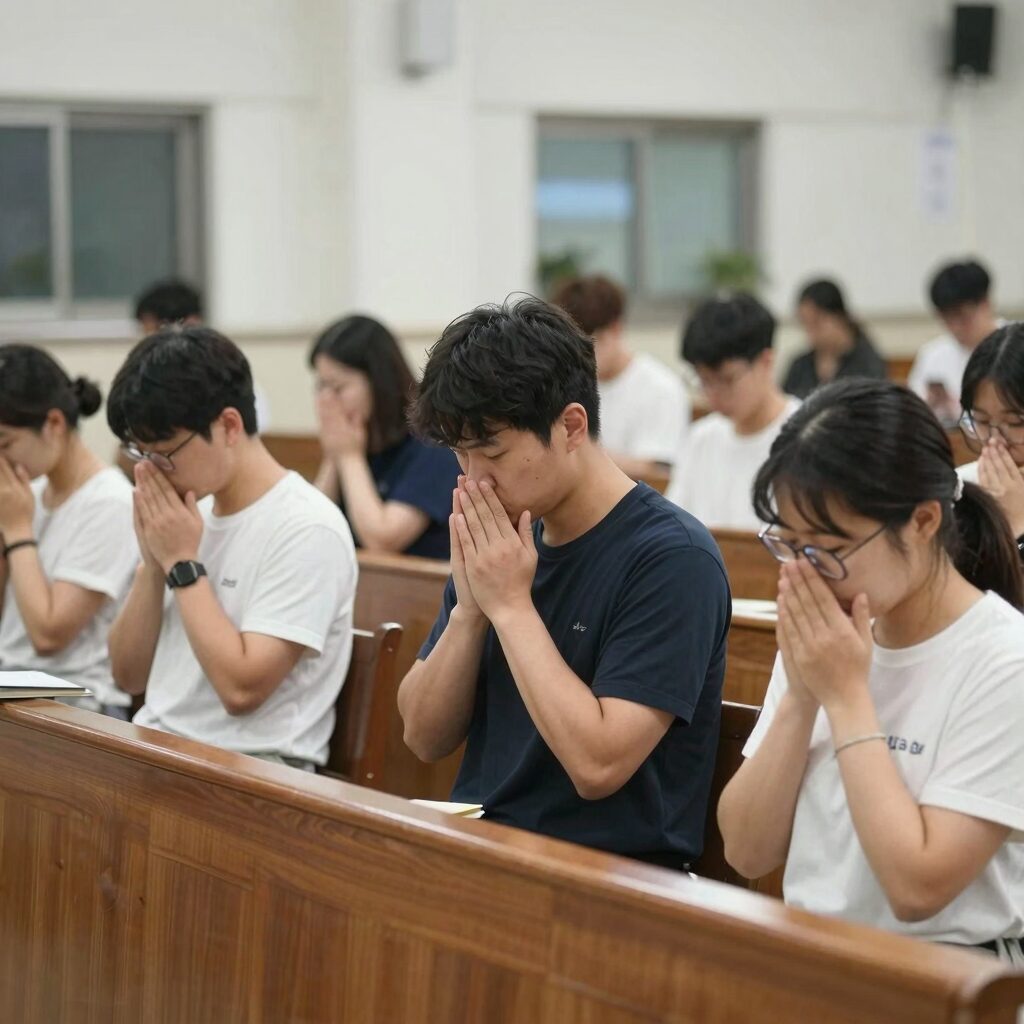 7월 대표기도문을 준비하는 주일예배 기도 모습 교회 예배