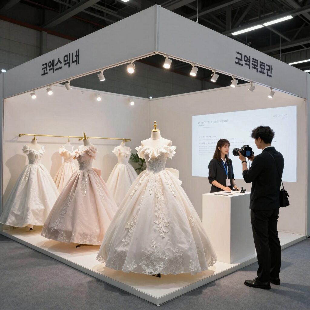 코엑스 웨딩박람회 부스 전경으로 스튜디오와 드레스 샘플이 전시되어 있다