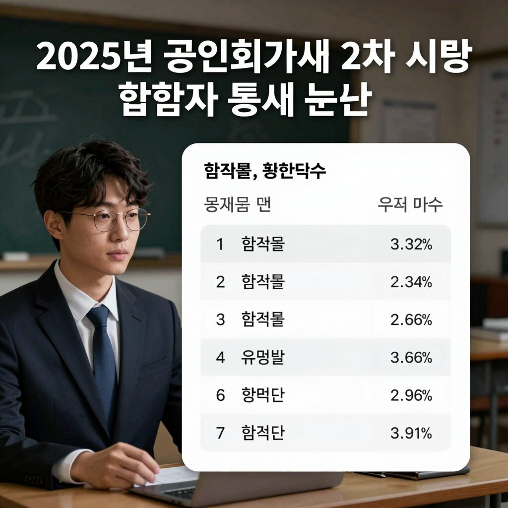 2025년 공인회계사 2차 시험 합격자 통계 분석 이미지: 합격률, 평균점수, 유형별 분포 등 핵심 데이터를 시각화