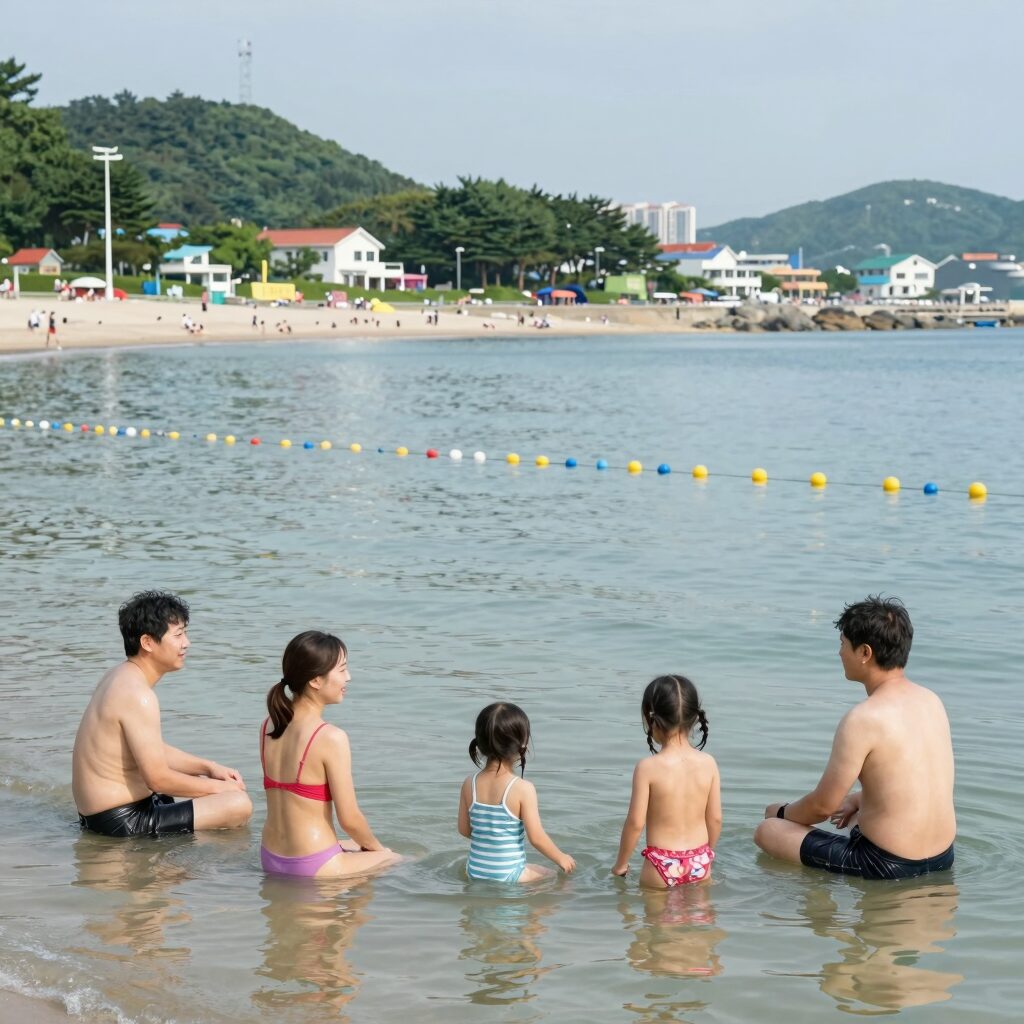 대부도 수영장이 있는 펜션에서 가족이 물놀이하는 모습