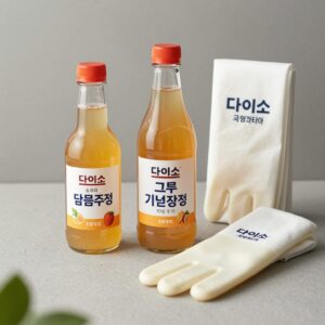 다이소 매실청 성공 아이템으로 담금주병, 3호 소쿠리, 그루 키친타올, 태화 고무장갑이 나란히 놓여 있는 이미지