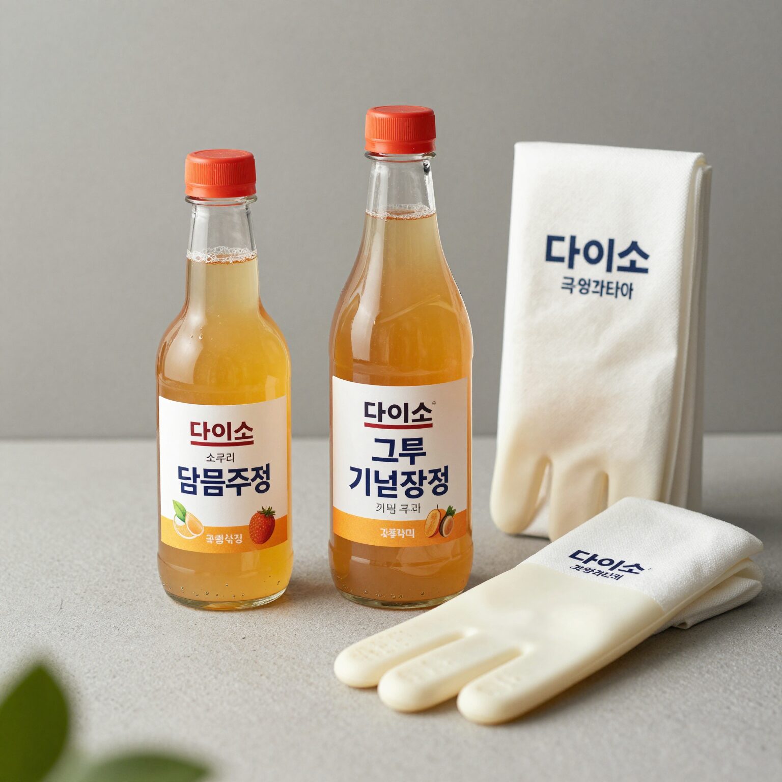 다이소 매실청 성공 아이템으로 담금주병, 3호 소쿠리, 그루 키친타올, 태화 고무장갑이 나란히 놓여 있는 이미지