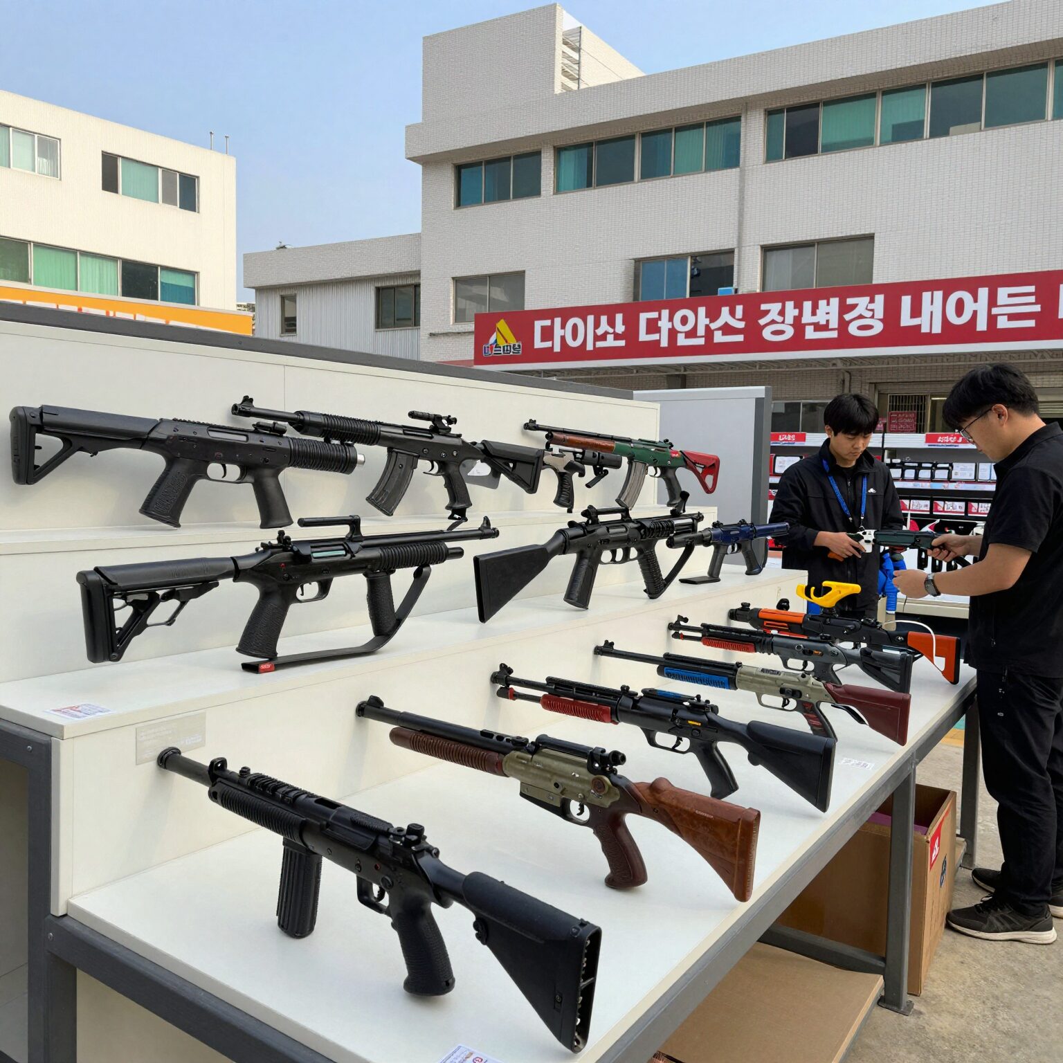 다이소 매장에 진열된 다양한 물총과 워터건 모습