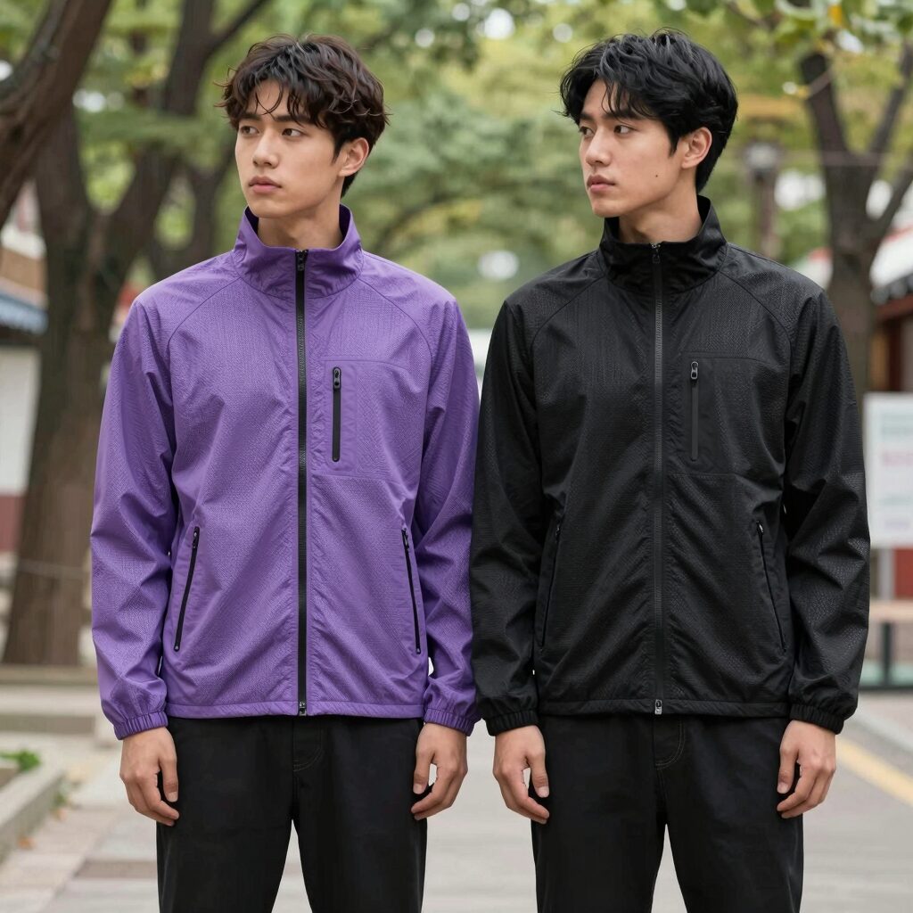 데상트 메쉬 커버업 자켓 커플 착용샷 블랙과 라벤더