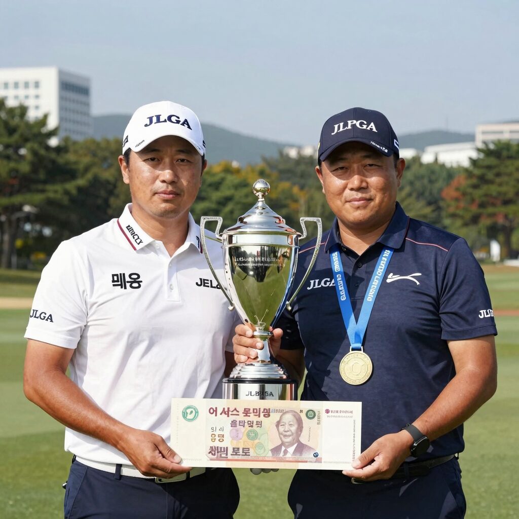 JLPGA 어스 몬다민컵 우승 트로피와 상금 수표 사진