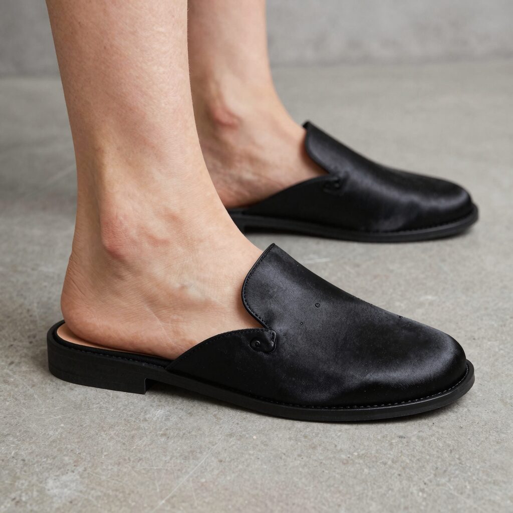 에퓨레 REVE Satin Round Mules 블랙 컬러의 측면 사진, 새틴 광택이 은은하게 비침