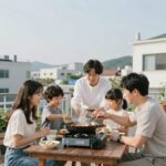 가족이 바베큐를 즐기는 펜션 테라스 사진