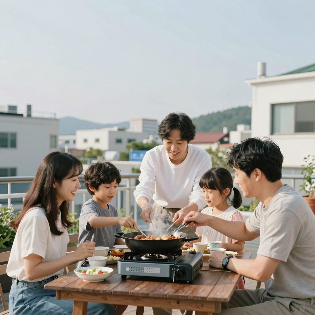 가족이 바베큐를 즐기는 펜션 테라스 사진