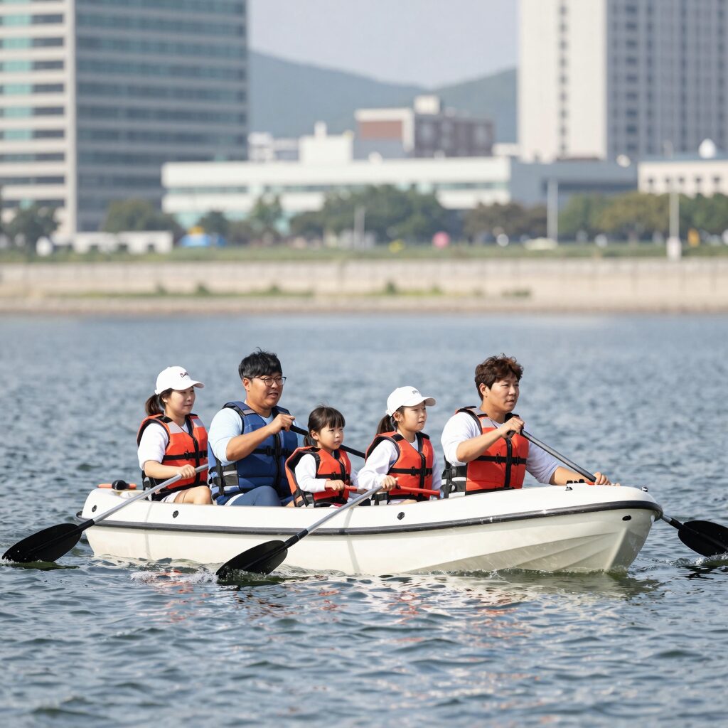 동강래프팅에서 가족이 보트를 타고 즐기는 모습