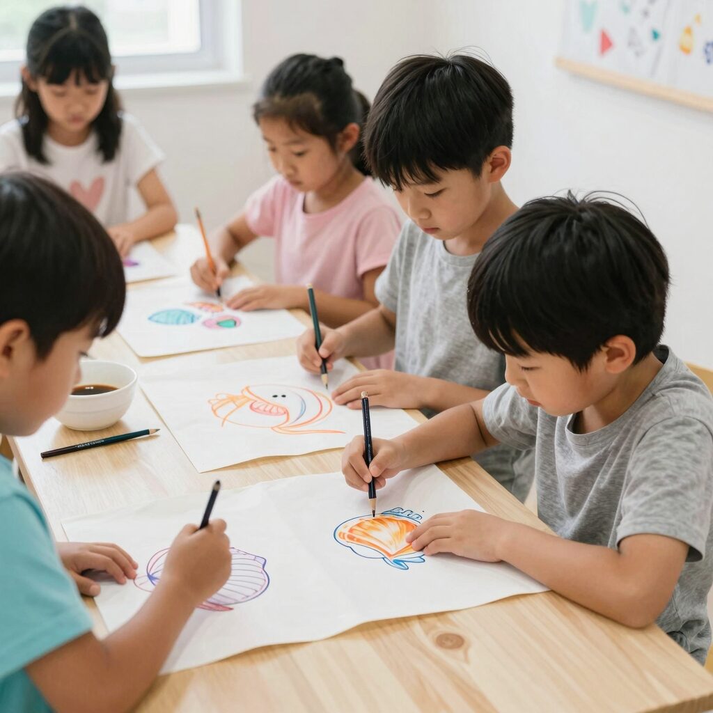 아이들이 조개모양 부채에 그림을 그리고 있는 모습