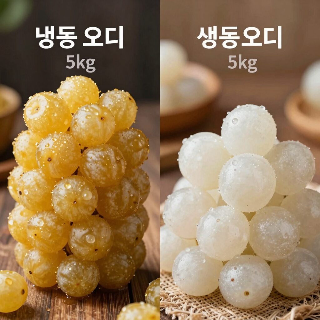 냉동 오디 5kg 가격 비교를 위해 생과와 냉동 오디를 나란히 비교한 이미지