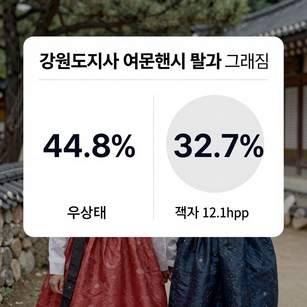강원도지사 여론조사 결과 그래프: 우상호 44.8% 김진태 32.7% 격차 12.1%p