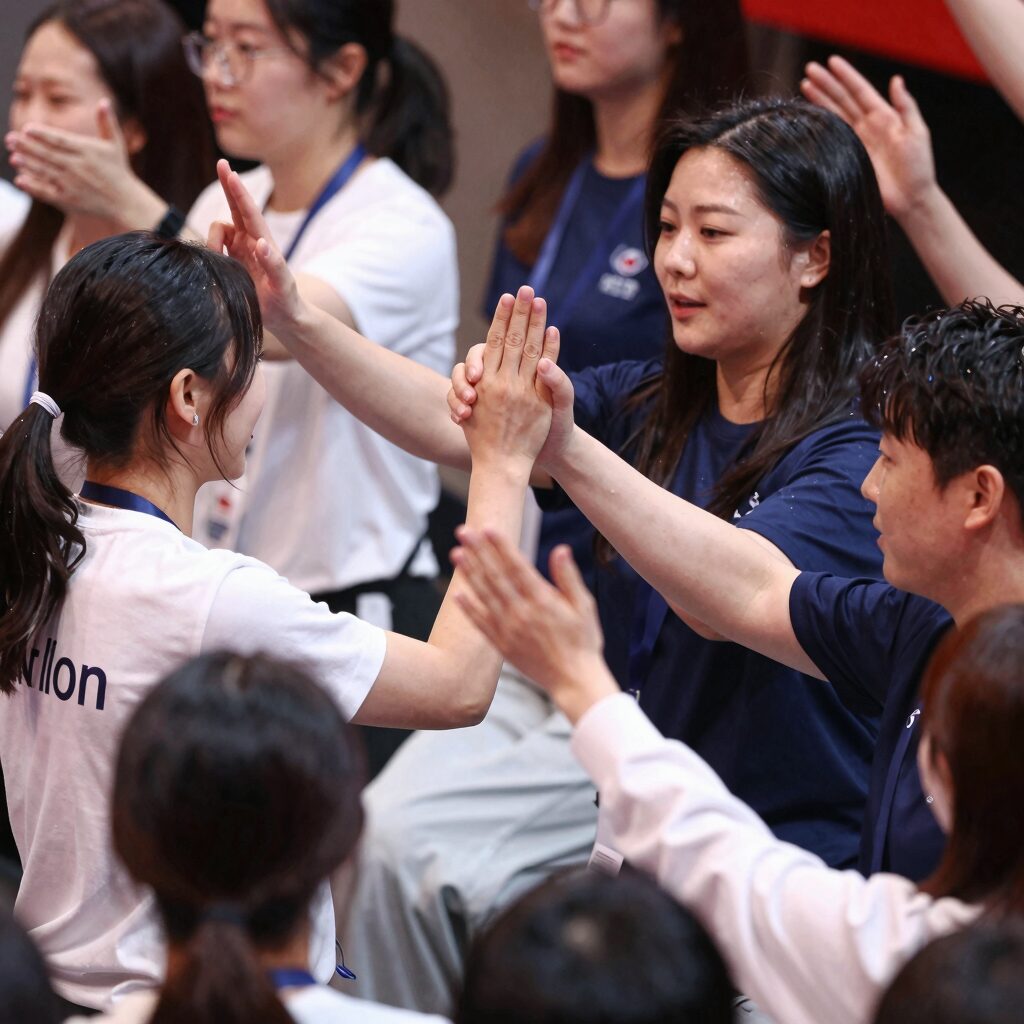 2026 북중미 월드컵 D-10 특집 가요무대에서 코리아나 이애숙이 다른 가수들과 함께 손에 손잡고를 부르며 관객과 호흡하는 장면