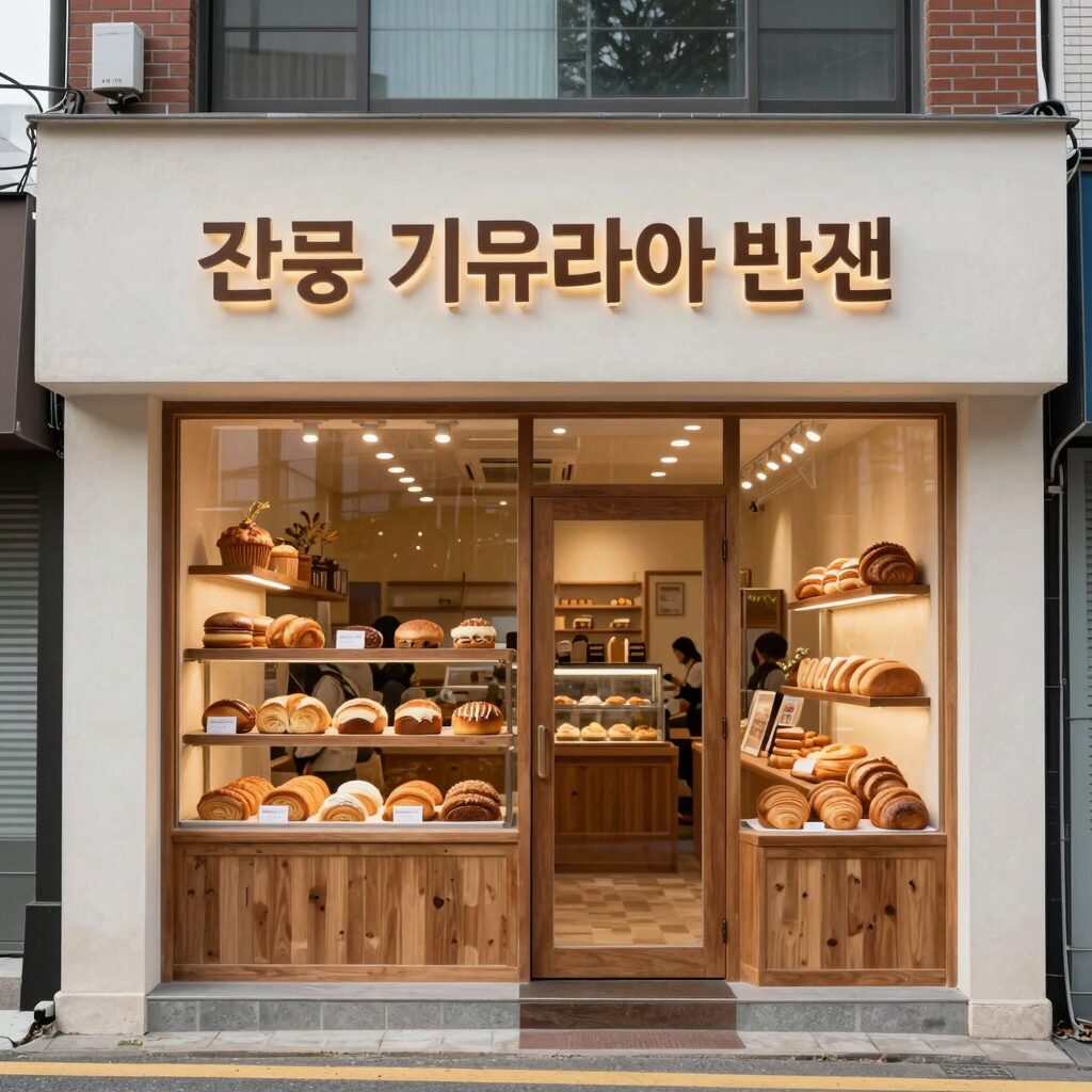도쿄 긴자 기무라야 본점 건물 외관과 빵 진열 모습 연출
