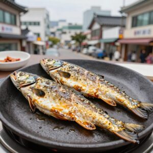 황금빛 고등어 매장 내 특허 화덕에서 갓 구워낸 삼치구이 접시
