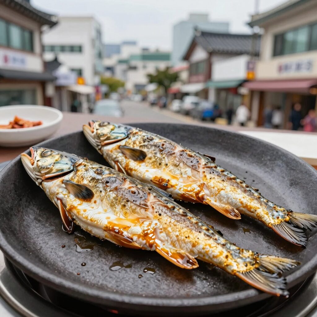 황금빛 고등어 매장 내 특허 화덕에서 갓 구워낸 삼치구이 접시