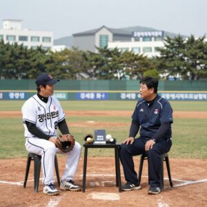 고양특례시야구소프트볼협회 김세훈 회장이 선수 시절 모습과 함께 야구 발전 계획을 설명하는 인터뷰 사진