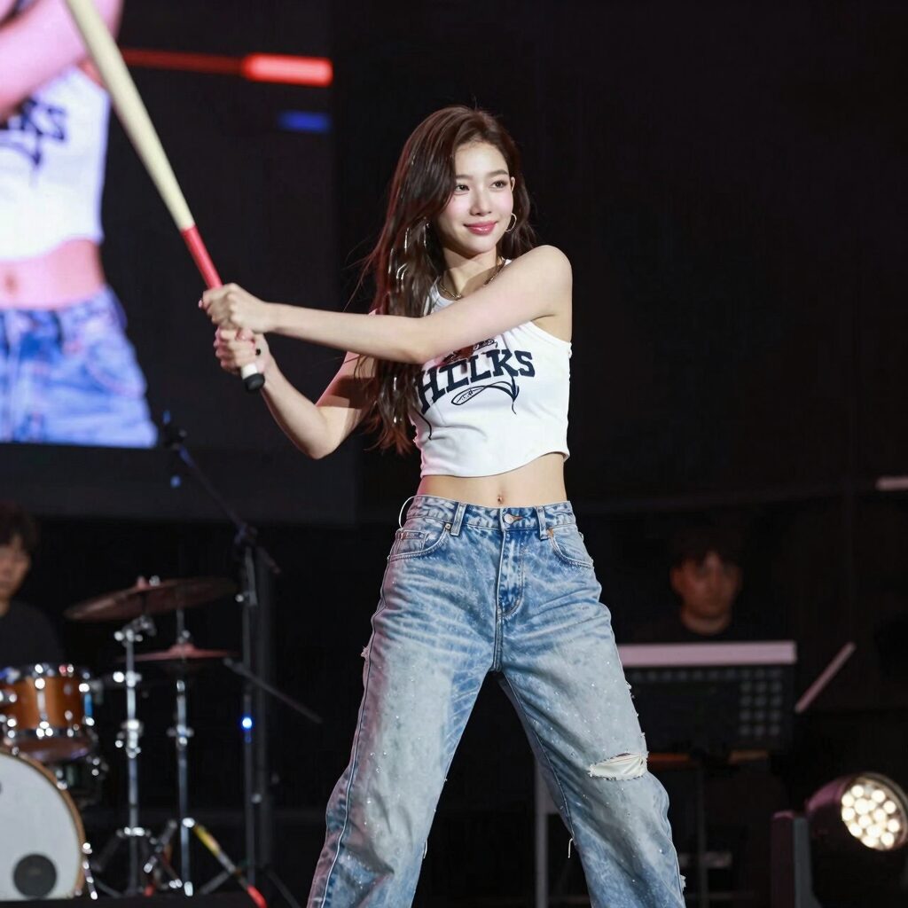 하지원이 음악중심 무대에서 Y2K 스타일 크롭톱을 입고 홈런을 부르는 모습