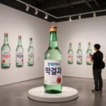 한화이글스 막걸리 병과 전통주갤러리 내부 전시 모습