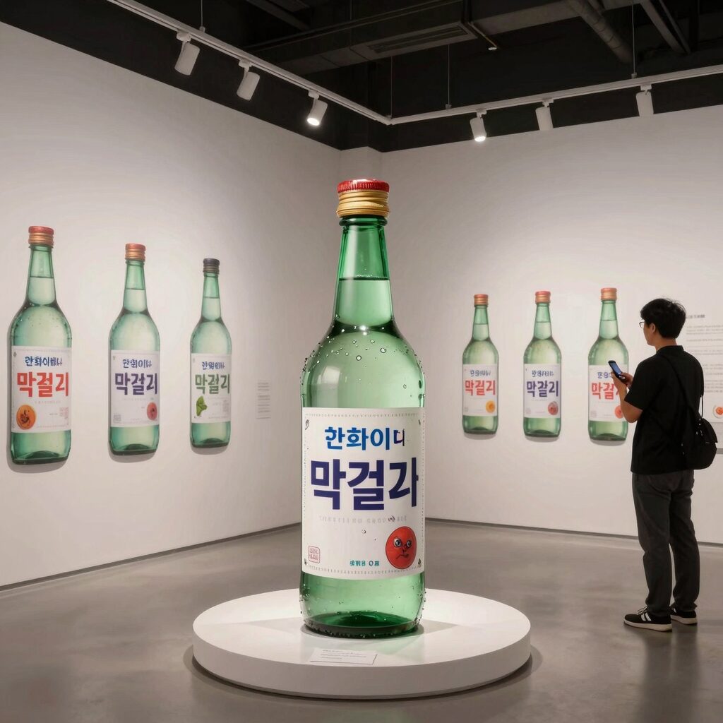 한화이글스 막걸리 병과 전통주갤러리 내부 전시 모습