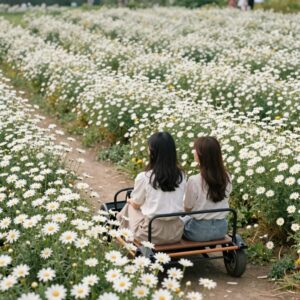 하이원 샤스타 데이지 카트투어에서 만난 DAISY 포토존에서 친구가 카트에 앉아 포즈를 취하고 있다. 뒤로 끝없이 펼쳐진 하얀 데이지 꽃밭이 장관이다.