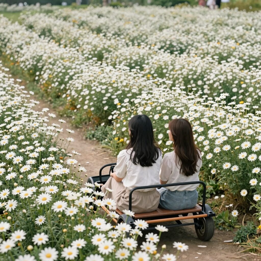 하이원 샤스타 데이지 카트투어에서 만난 DAISY 포토존에서 친구가 카트에 앉아 포즈를 취하고 있다. 뒤로 끝없이 펼쳐진 하얀 데이지 꽃밭이 장관이다.