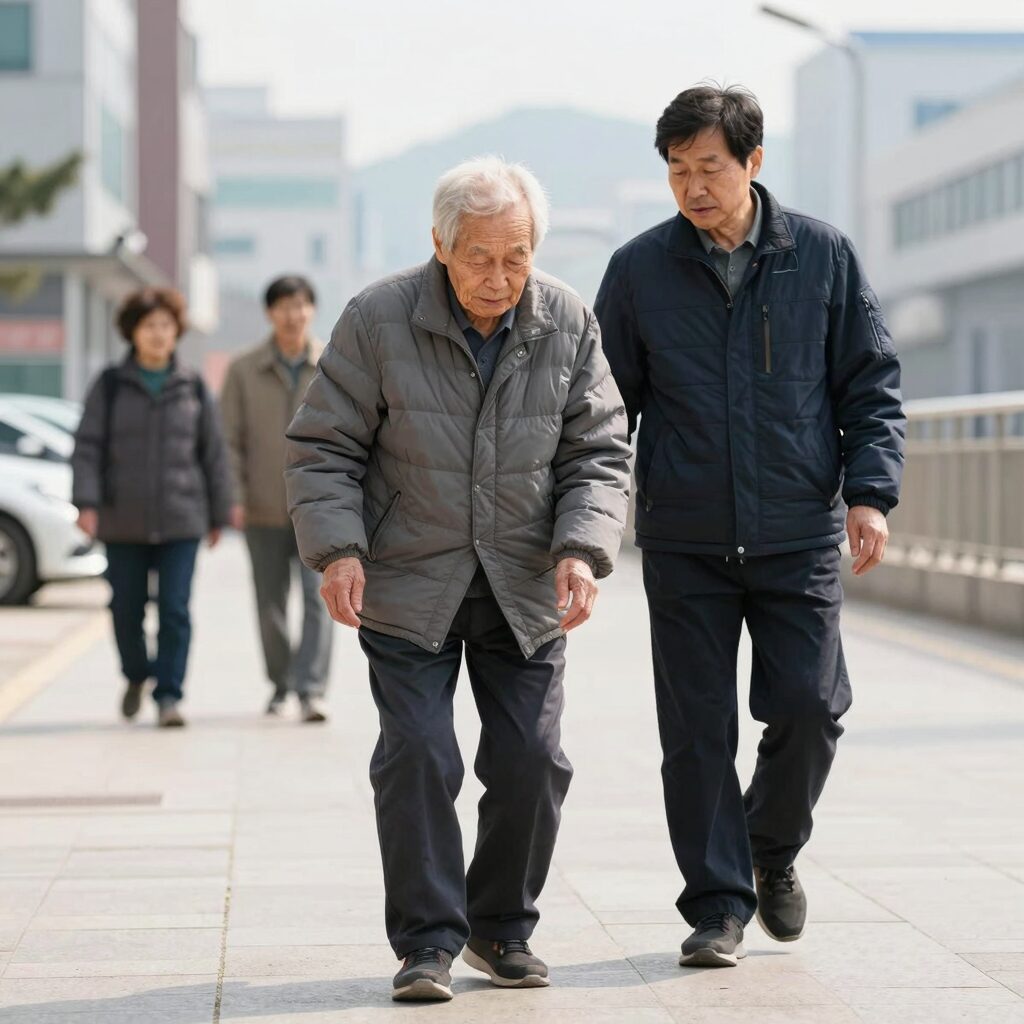 노인 고관절 골절 수술 후 보행 재활 운동 장면