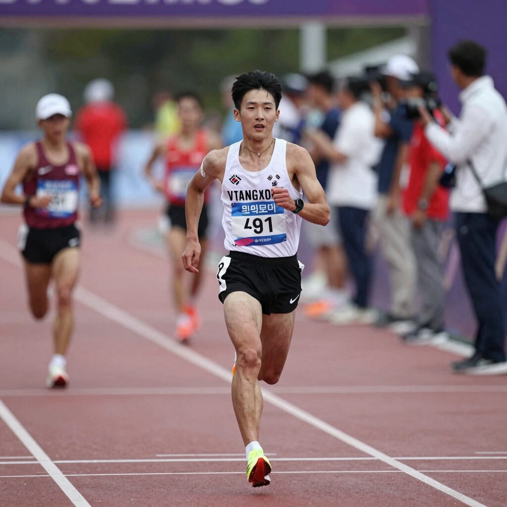 황영조 선수가 바르셀로나 올림픽 마라톤에서 결승선을 통과하는 순간의 사진
