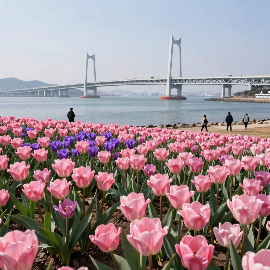 울산 장생포 고래광장에서 활짝 핀 분홍색과 보라색 수국 군락, 뒤로 울산대교가 보이는 풍경