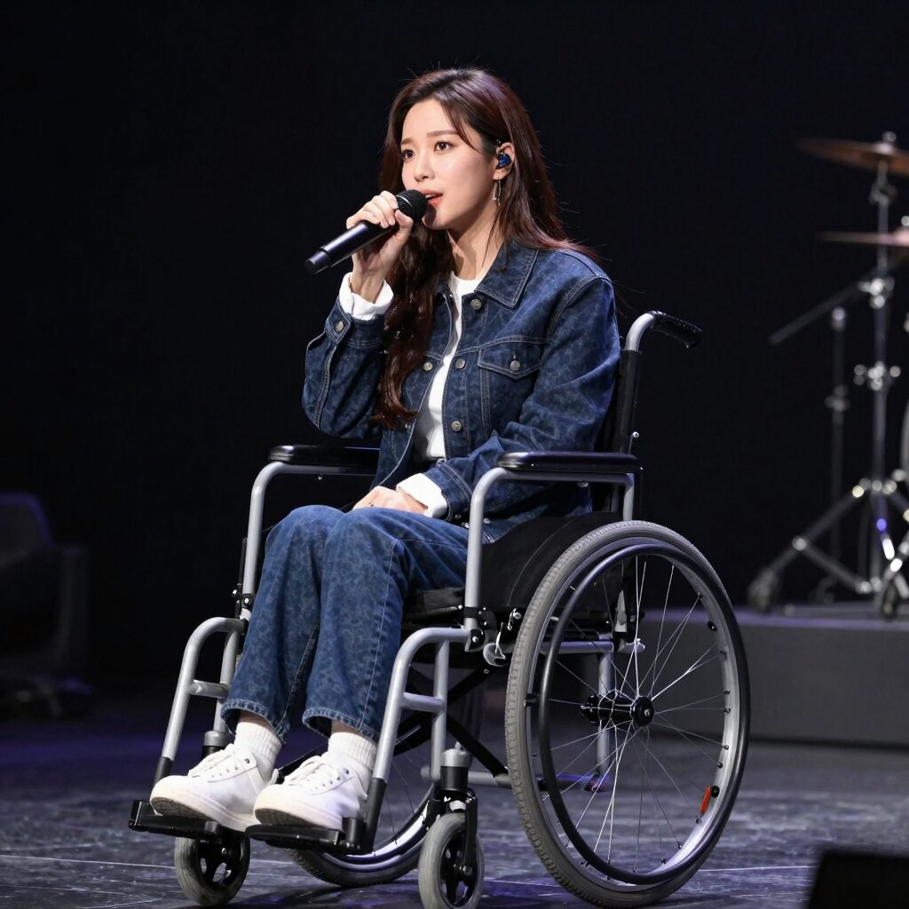 가수 현대화가 미스트롯 포유 무대에서 노래하고 있는 모습. 휠체어에 앉아 있지만 강한 눈빛으로 카메라를 응시하고 있다.