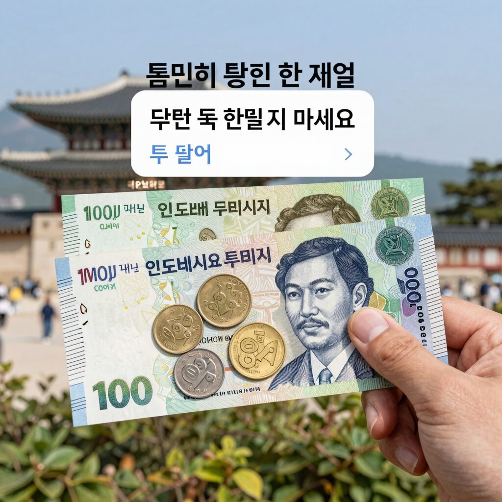 인도네시아 루피아 지폐와 동전, 달러 환율 계산기를 배경으로 한 여행 환전 준비 사진