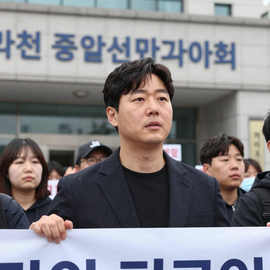 장동혁 국민의힘 대표가 과천 중앙선거관리위원회 건물 앞에서 항의하는 모습