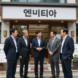엔비디아 CEO 젠슨황이 홍대 형님저요 식당 앞에서 한국 기업 총수들과 대화하는 모습 상상도