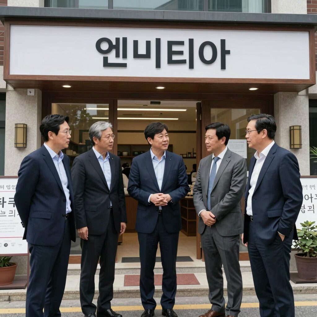 엔비디아 CEO 젠슨황이 홍대 형님저요 식당 앞에서 한국 기업 총수들과 대화하는 모습 상상도